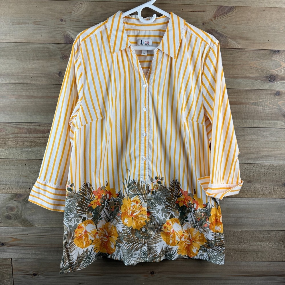 Denim & Co Womens Shirt 3/4 Sleeve Button Up Striped Floral Yellow Size XL‎